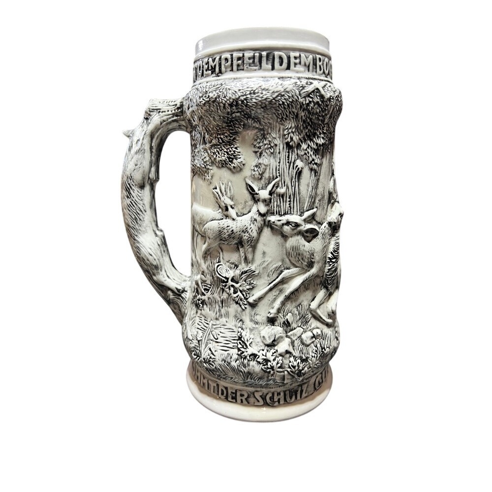Vintage Beer Stein Mug Relief Carved Hunting Scene Tree‎ Trunk Handle Decor